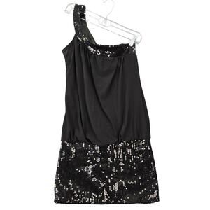 deb Black Mini Dress Stretch Formal One Shoulder Sequin Prom Womens Size S Shift